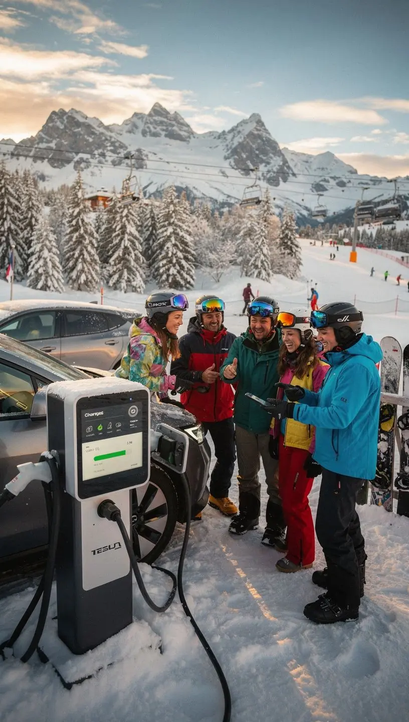 Ein Elektrofahrzeug wird an einer strategisch platzierten Ladestation aufgeladen, die ideal für Reisende auf einer Bergroute ist.