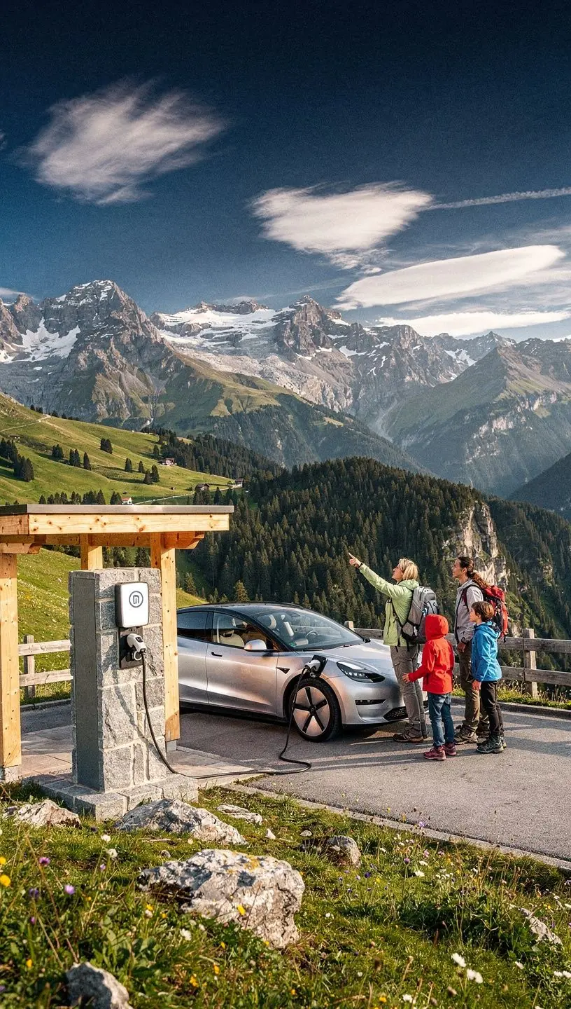 Ladestation für Elektrofahrzeuge inmitten der malerischen Alpenlandschaft, umgeben von Bergen und Wäldern.