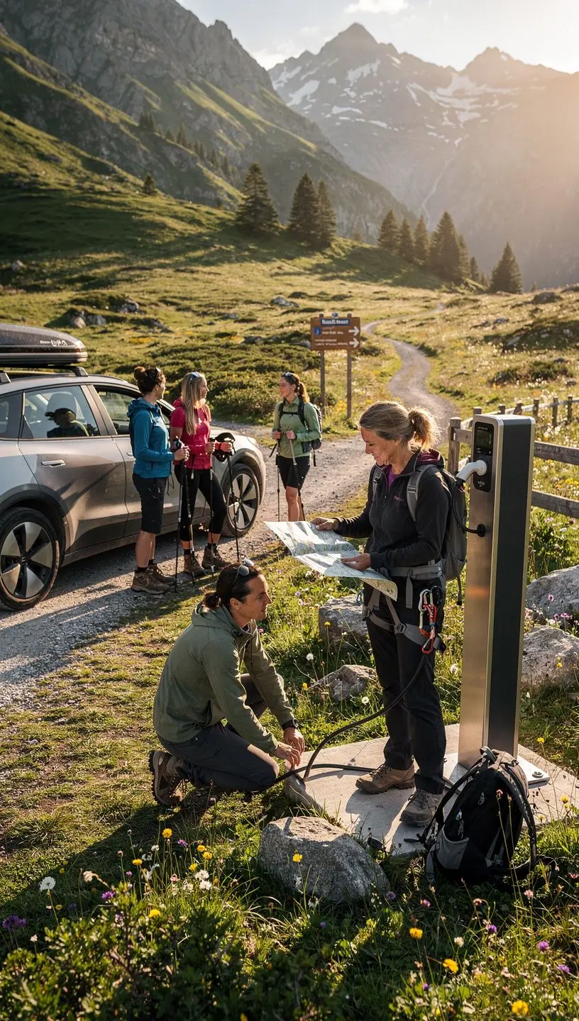 Ladestation für Elektrofahrzeuge in den Alpen mit Berglandschaft im Hintergrund.
