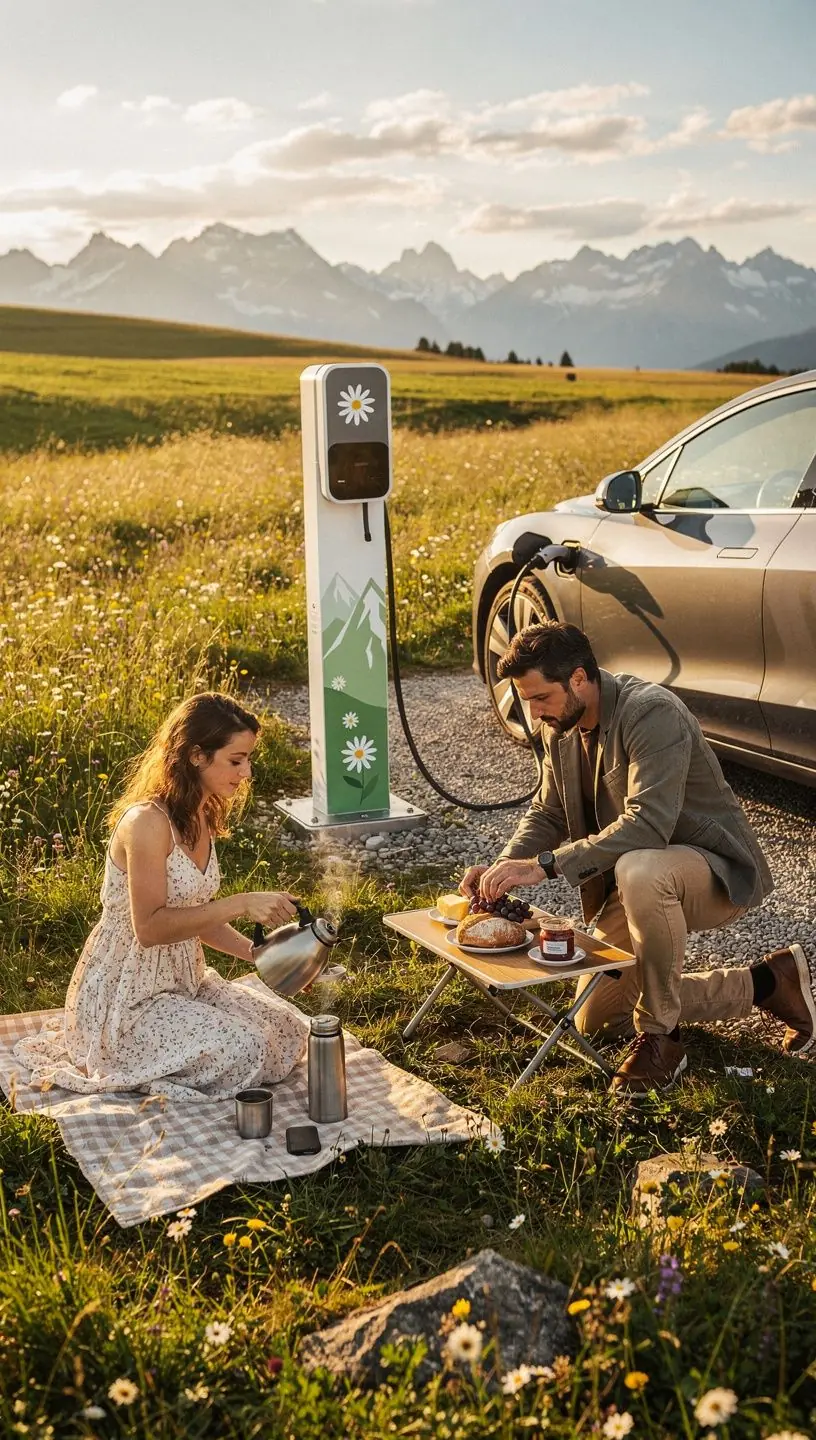 Touristen genießen eine Pause an einer modernen Ladestation, während sie die atemberaubende Aussicht auf die alpine Umgebung bewundern.
