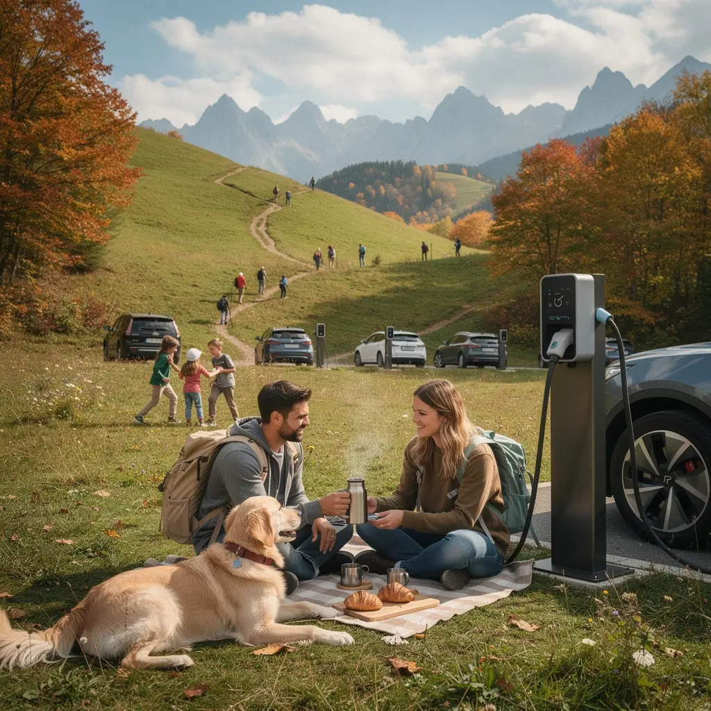 Einmalige Aussicht auf eine malerische Berglandschaft mit einer modernen Ladestation fГјr Elektroautos im Vordergrund.