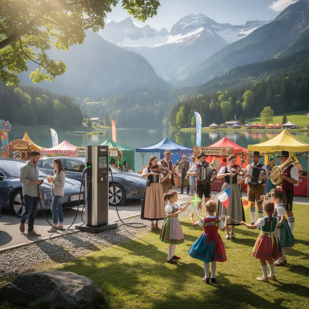 Touristen genieГџen die Natur in der NГ¤he einer strategisch platzierten EV-Ladestation an einer beliebten Wanderroute.