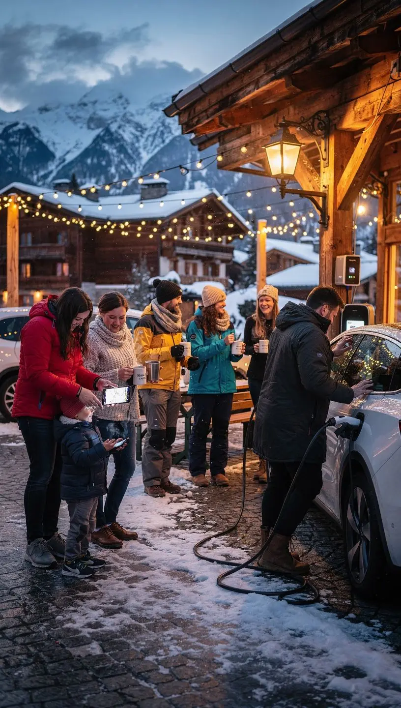 Blick auf eine alpine StraГџe mit einer Ladestation fГјr Elektrofahrzeuge, ideal fГјr Reisende und Naturliebhaber.