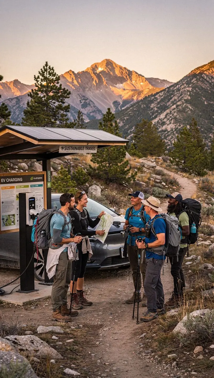 Familie mit Kindern, die an einer Ladestation für Elektroautos in der Nähe eines beliebten Wanderwegs pausiert.