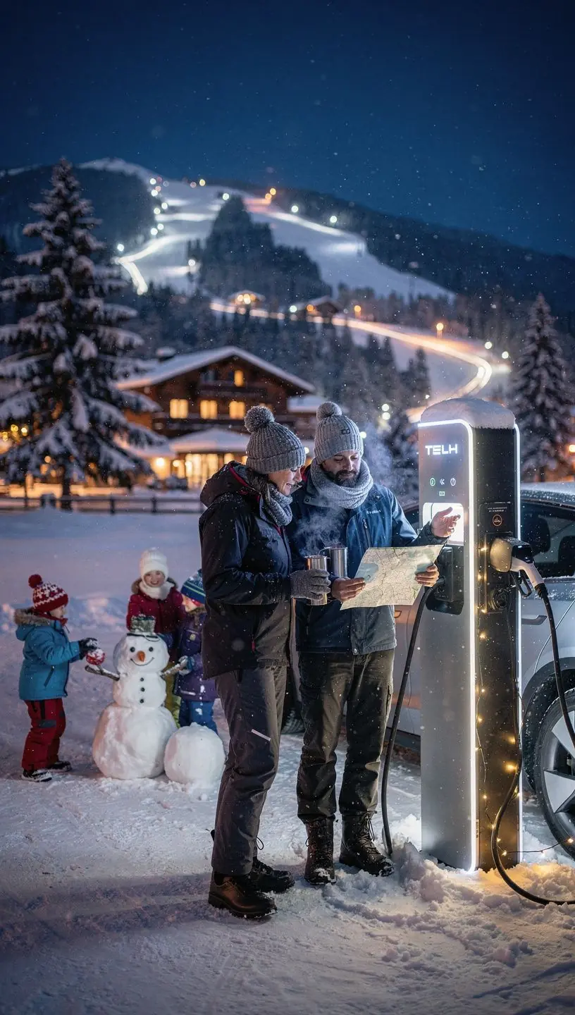 Strategisch platzierte Ladestation für E-Autos an einem Aussichtspunkt mit Blick auf die umliegenden Berge.