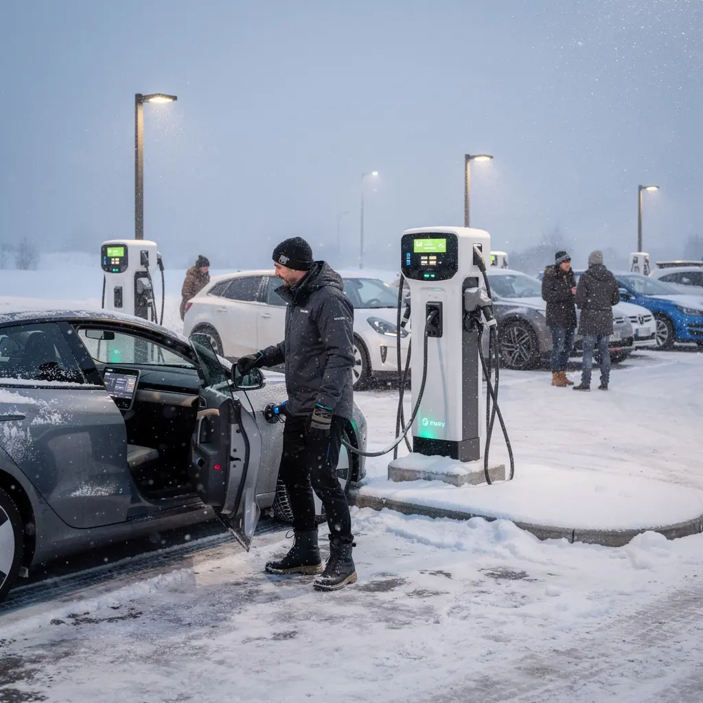 Ladestation fГјr Elektrofahrzeuge in den Г¶sterreichischen Alpen, umgeben von majestГ¤tischen Bergen und grГјnen Wiesen.